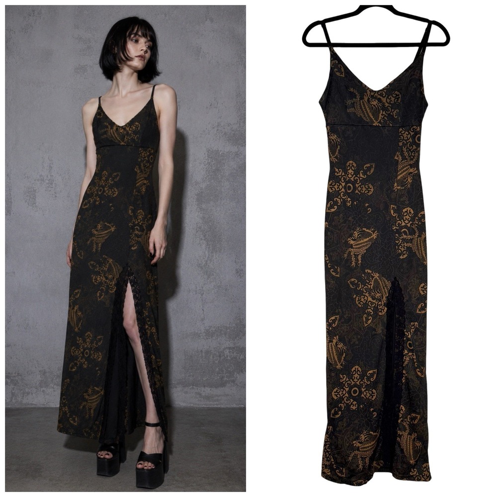 Vintage 90s/Y2K S Free Paris Dragon Babydoll Maxi Dress Asian Made In‎ France